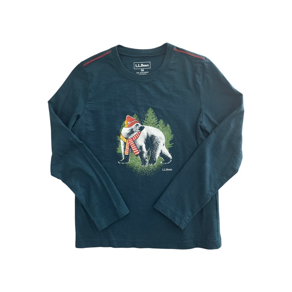 LL Bean Kids Long Sleeve Graphic‎ Tee Polar Bear Winter Holiday Shirt Teal S 8